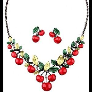 Cherry Necklace Earrings Enamel 3pc Set Bomb Sweet Bib Collar Choker Sexy Bold